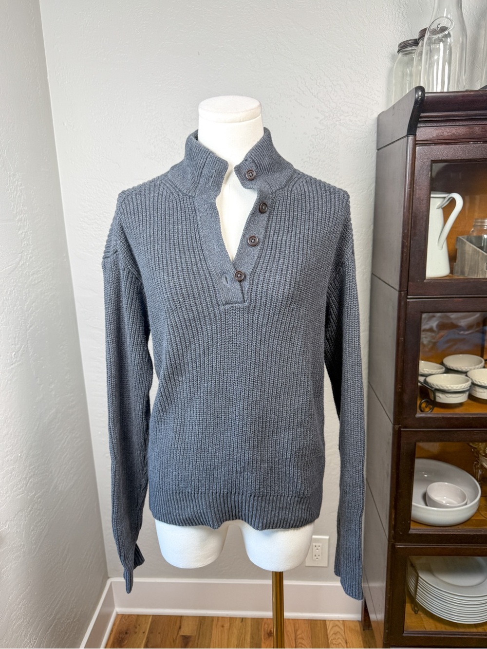 Pact Organic Cotton Ribbed Henley Mock Neck Sweater Gray Size M